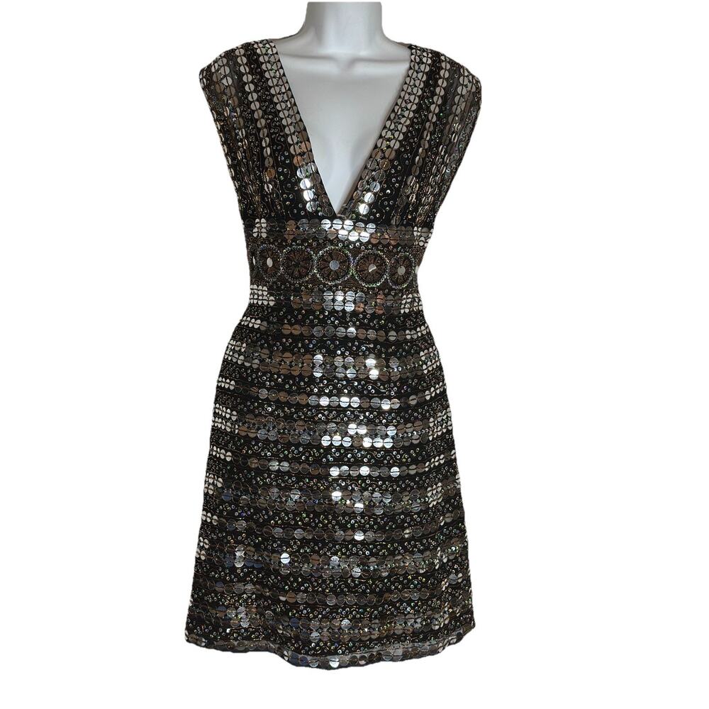 VTG Y2K Scala Silk Sequin Beaded Cocktail Dress Black Gold Silver Art Deco 8